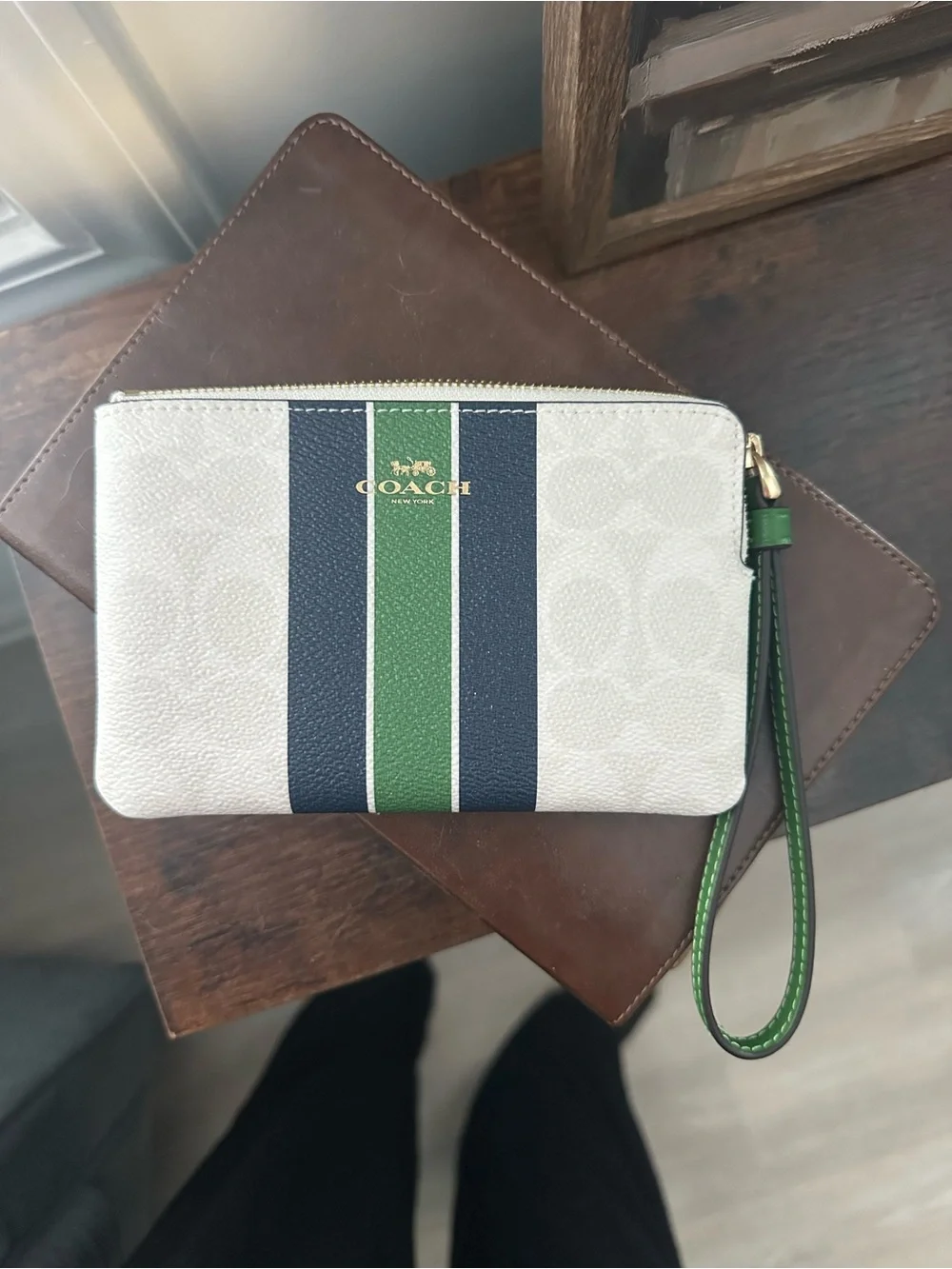 Coach Corner Zip Wristlet in Varsity Stripe